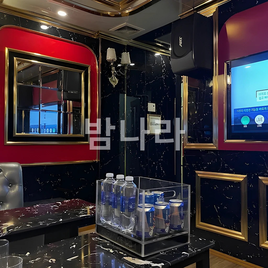 호치민 넘버원 가라오케 노래 화면과 마이크가 놓인 룸 내부